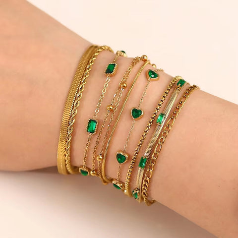 Minimalist Emerald Charms Green Zircon Jewelry Herringbone Band Twist Bracelet Figaro Chain Bracelet