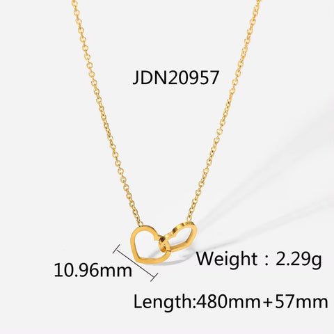 Romantic Gift Stainless Steel 18K Gold-Plated Thin Chain Double Heart Ring Pendant Necklace for Women