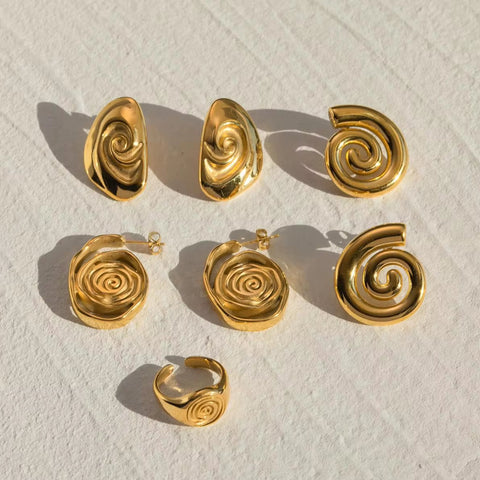 Hot Sell Gold Plated Stainless Steel Geometric Spiral Stud Earrings and Rings Sets for Women Jewelry