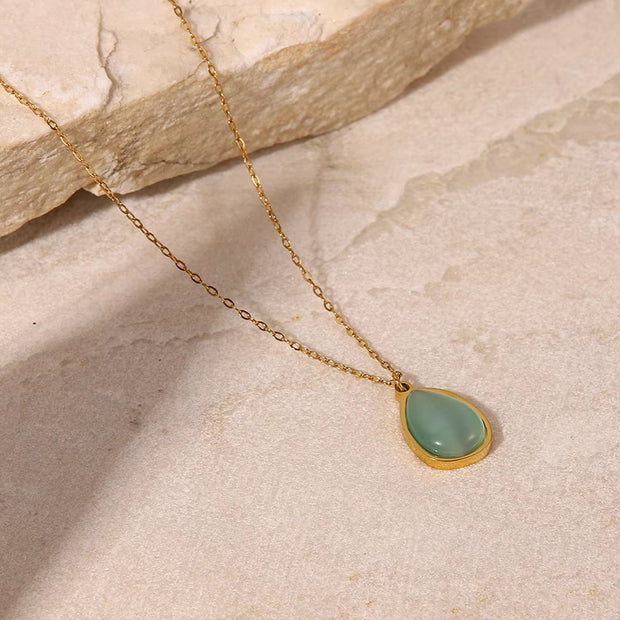 Water Drop Titanium Steel Pendant Necklace 18K Gold Plated Stainless Steel Green Opal Stone Necklace