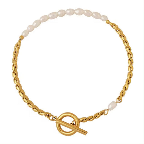 Fashion Jewelry Freshwater Pearl OT Buckle Bracelet Stainless Steel 18K Gold Plated Bracelet Women