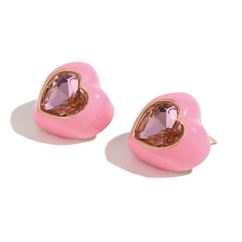 Spring Fashion Colorful Earrings Women Shining Heart Zircon Stud Earrings Gold Plated Stainless Steel Jewelry