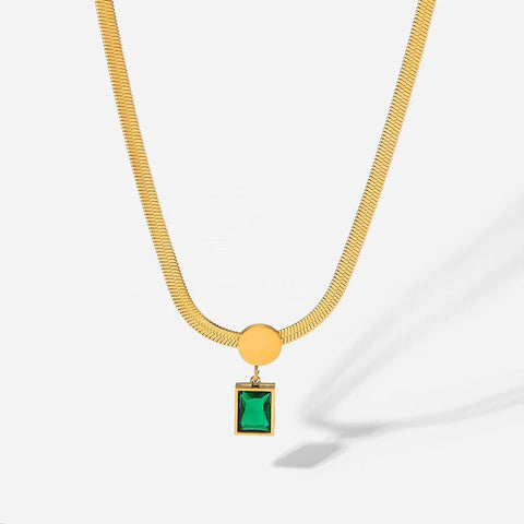 18K Gold Plated Stainless Steel Green Square Zircon Pendant Snake Chain Necklace for Women'S 2024