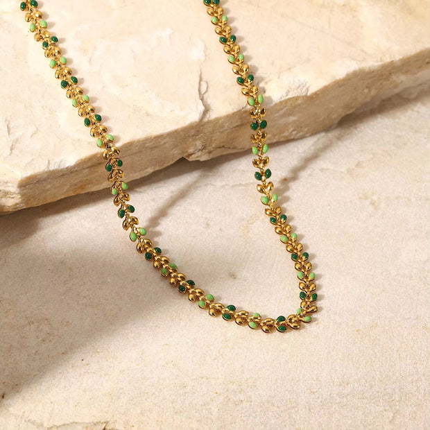 18K Gold Fresh Green Oil Dripping Olive Leaf Necklace Stainless Steel Enamel Charm Chain Necklace Jewelry