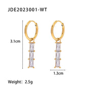 18K Gold Plated Stainless Steel White Cubic Zirconia Bamboo Design Pendant Dainty Hoop Earrings