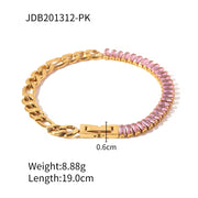 Stainless Steel 18K Gold Plated Jewelry Pink Full Cubic Zirconia Figaro Chian Bracelet for Women