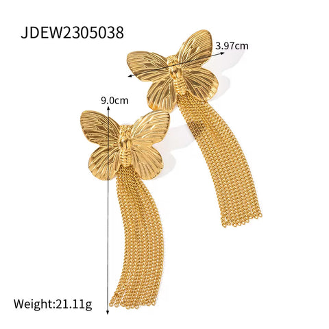 Ins 18K Gold Plated Stainless Steel Butterfly Pendant Necklace Tassel Earrings Opening Bangles Butterfly Rings