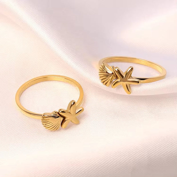 Ins French Style Stainless Steel 18K PVD Plated Shell and Star Rings Tarnish Free and Hypoallergenic for Girls