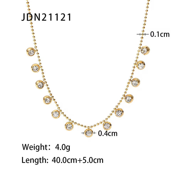 18K Gold Plated Clear Zircon Charms Choker Jewelry Stainless Steel Bead Chain round Zircons Necklace