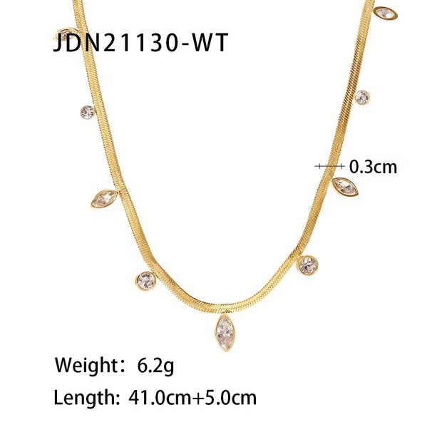 14K Gold Plated Flat Snake Chain Multi-Colors Zircon Inlaid Stainless Steel Charm Necklaces for Women