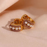 Fashion Jewelry 2023 Crystal Pink Zircon Pearl Earring PVD Gold Plated Huggie Hoop Earrings Stainless Steel Jewelry