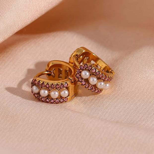 Fashion Jewelry 2023 Crystal Pink Zircon Pearl Earring PVD Gold Plated Huggie Hoop Earrings Stainless Steel Jewelry