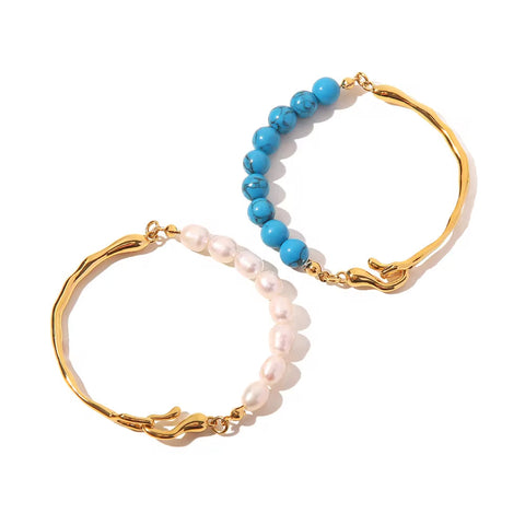 Charm Stainless Steel 18K Gold Plated Jewelry Blue Pine Stone Fresh Waterpearl Pearl Bangles for Women