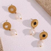 Trending Products 2023 New Arrivals Sunflower Shape Fresh Water Pearl Drop Earring Gold Plated Stainless Steel Opal Earrings