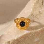 2024 New Stainless Steel Black Semi-Precious Stone Adjustable Ring round Button Disc Black for Woman