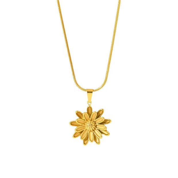 18K Gold Flower Necklace Stainless Steel Double Layer Gold Colors Daisy Flower Pendant Necklace for Women