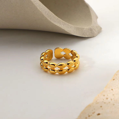 18K Gold Plated Double Layer Geometric Oval Bean Beads Open Stainless Steel Finger Rings for Woman