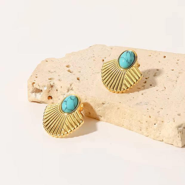 Vintage Stainless Steel 18K Gold Plated Turquoise Inlaid Rib Fan-Shaped Statement Earrings for Women