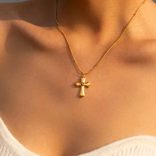 Jewelry 18K PVD Gold Plated Hammer Cross Necklace Tiger Eye Stone Cross Pendant Necklace for Women