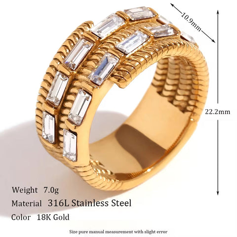 Chunky Zircon Statement Jewelry Multilayer Bamboo Design Gold Plated Stainless Steel Signet Ring