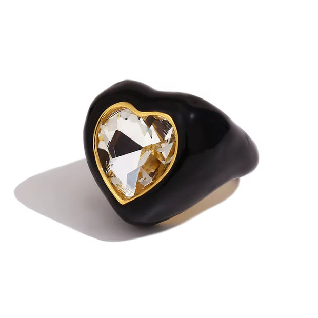 Chunky Colorful Enamel Y2K Heart Jewelry Shining Zircon Rings Set Gold Plated Stainless Steel Jewelry