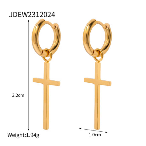 Waterproof 18K PVD Gold Minimalist Stainless Steel Necklace Cross Pendant Earring Set Low Key Luxury