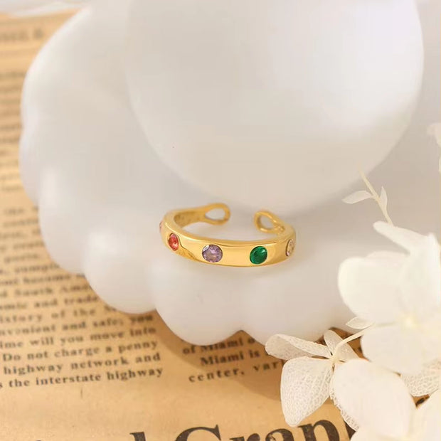 Stainless Steel 18K Gold Plated Colorful Zircon Personality Ring for Women