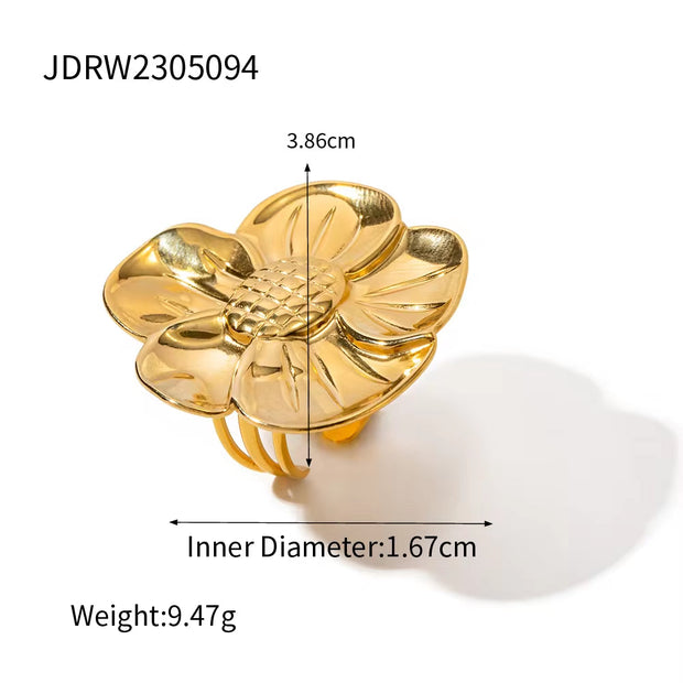 Summer Style 18K Gold Plated Stainless Steel Big Sunflower Earring Party Statement Bracelet Rings Jewelry Set