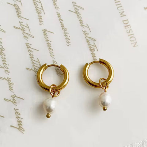 Classic 18K Gold Plated Natural Pearl Drop Earrings Waterproof Stainless Steel Pearl Huggie Earrings