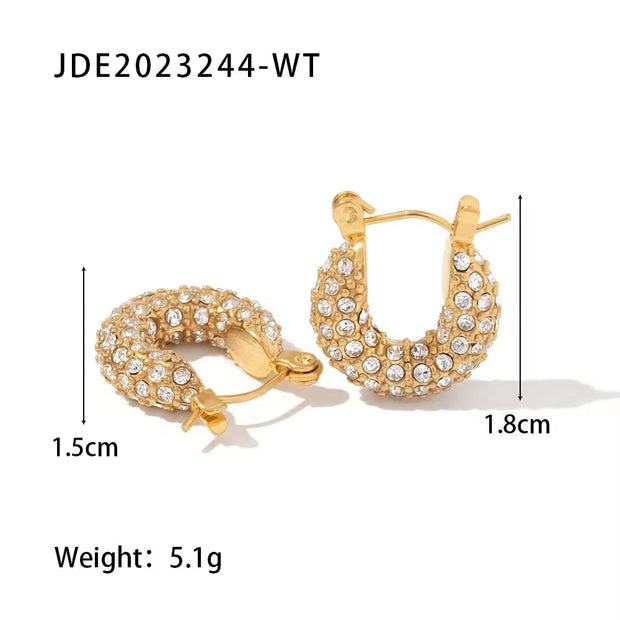 18K Gold Plated Stainless Steel Classic Hammered Shape Cubic Zirconia Hoop Earrings for Ladies