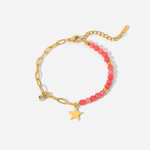 Bright Pink Stone Star Pendant Bracelet Stainless Steel 18K Half Cross Paperclip Chain Bracelet for Women