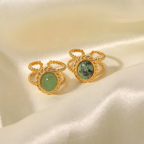 Natural Stone African Turquoise Agate Rope Sun 18K Gold Plated Stainless Steel Opening Rings