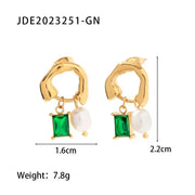 18K Gold Plated Stainless Steel Irregular round Shape Cubic Zirconia Natural Pearl Pendant Earrings