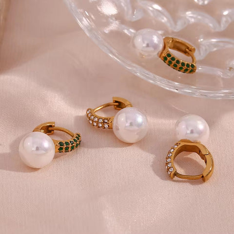 Trending Imitation Pearl Huggie Earrings 18K Gold Plated Stainless Steel Jewelry Zircon Earrings for Women