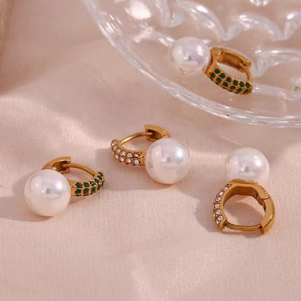 Trending Imitation Pearl Huggie Earrings 18K Gold Plated Stainless Steel Jewelry Zircon Earrings for Women