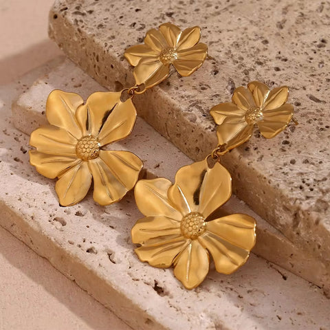 Gold Plated Dangle Earrings Flower Drop Earrings Tarnish Free Jewelry Stainless Steel Fashion Jewelry