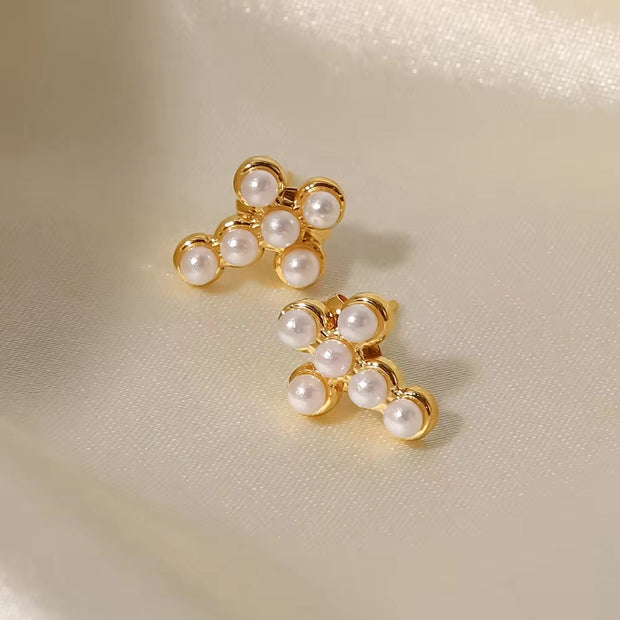 Gorgeous 18K Gold Plated Pearl Insert Cross Shape Stainless Steel Stud Earrings for Ladies Wearing